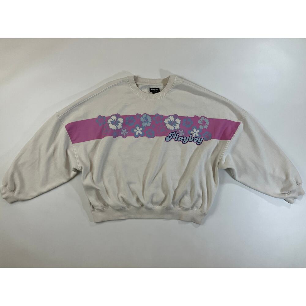 Playboy by PacSun Surf Classic Sweatshirt Women Small Cream Floral Slouchy Crop